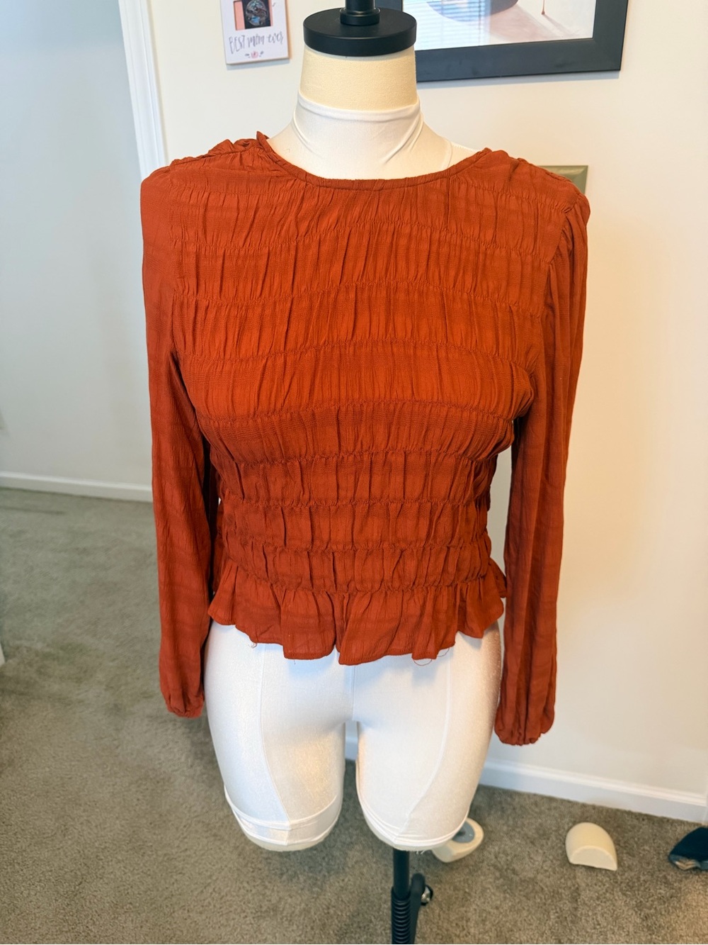 Sanctuary Rust Smocked Long-Sleeve Blouse